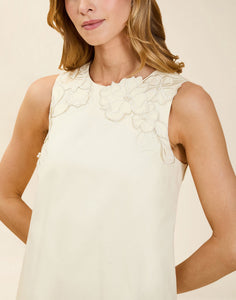 Juniper Shift Mini Dress in Ivory cotton poplin with 3D floral embroidered appliqué, sleeveless shift silhouette, crew neckline, and hidden pockets.