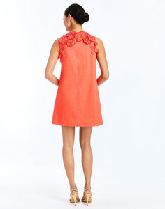 Back - Juniper Shift Mini Dress in Calypso Coral is an embroidered shift mini with scalloped floral appliqué and crew neckline.