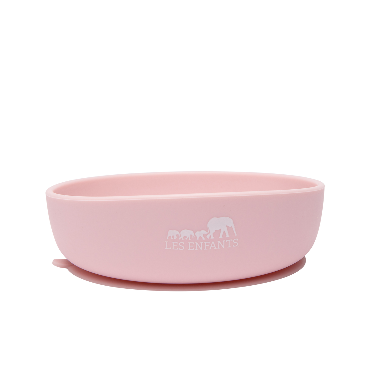 Front view of pink silicone baby bowl showcasing suction base with quick-release tab on white background