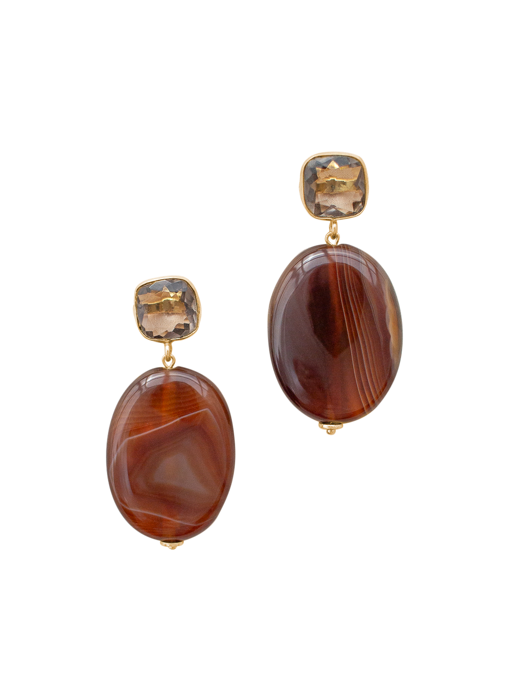 Front view of Katherine earrings with brown banded agate drops and faceted smoky quartz tops on white background