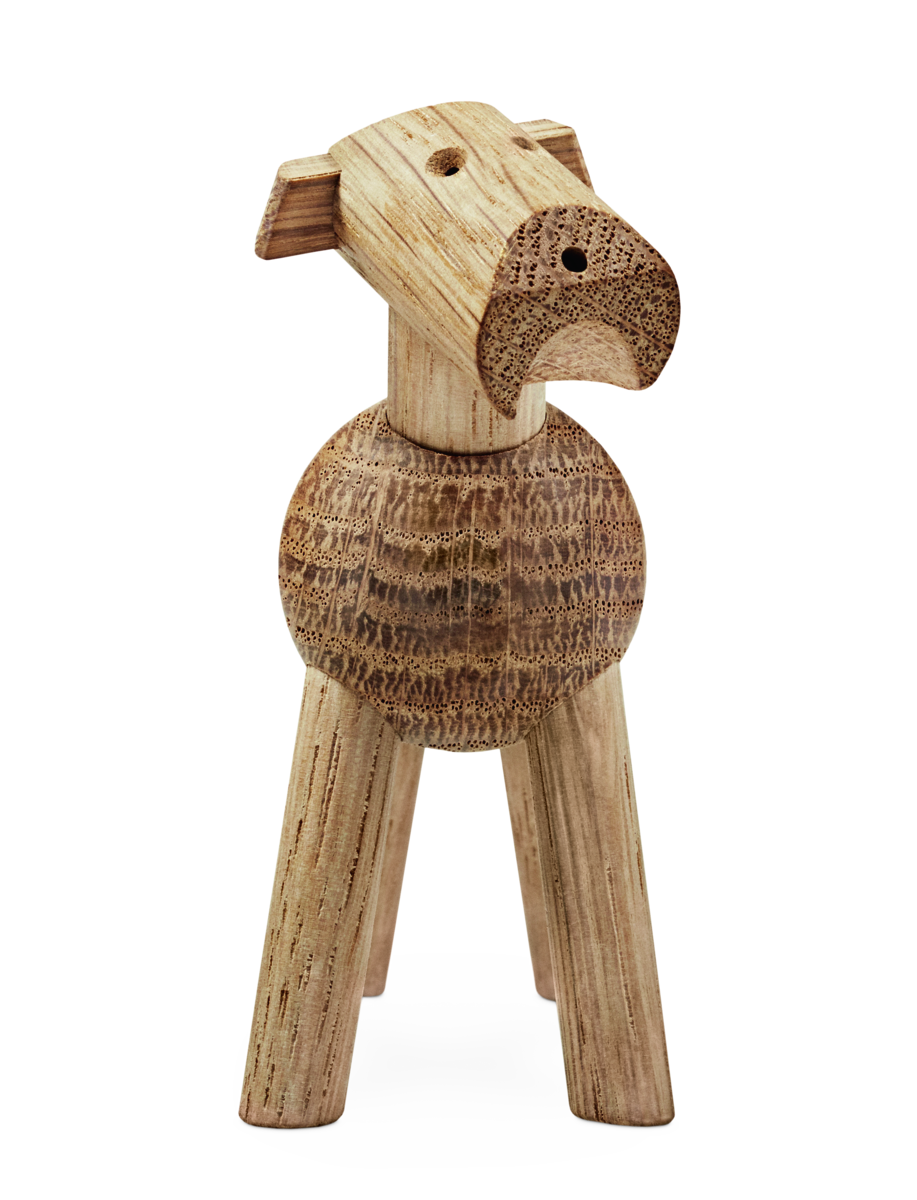Front view of Tim Oak terrier figurine showcasing its tilted movable head and raised tail with a white background