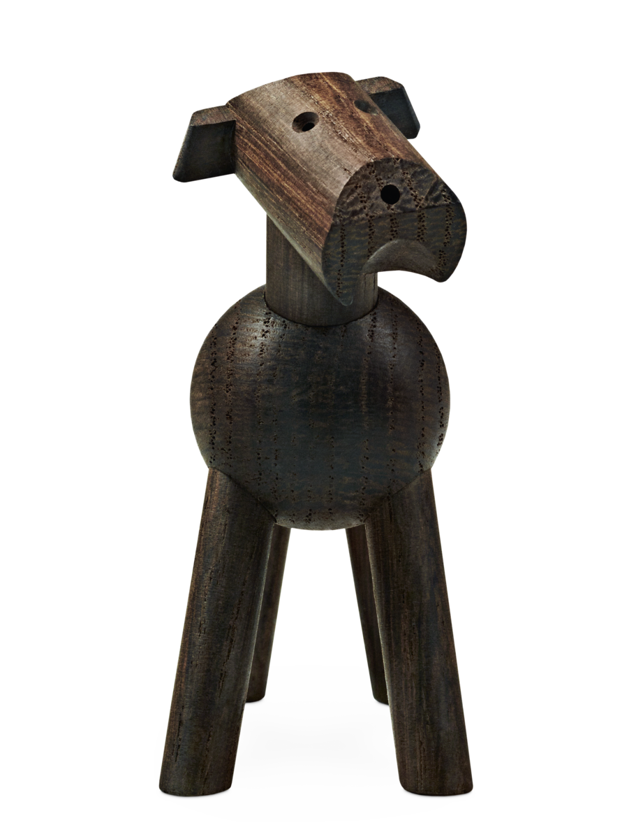 Three-quarter view of Tim Smoked Oak wooden terrier showcasing its tilted head on a white background