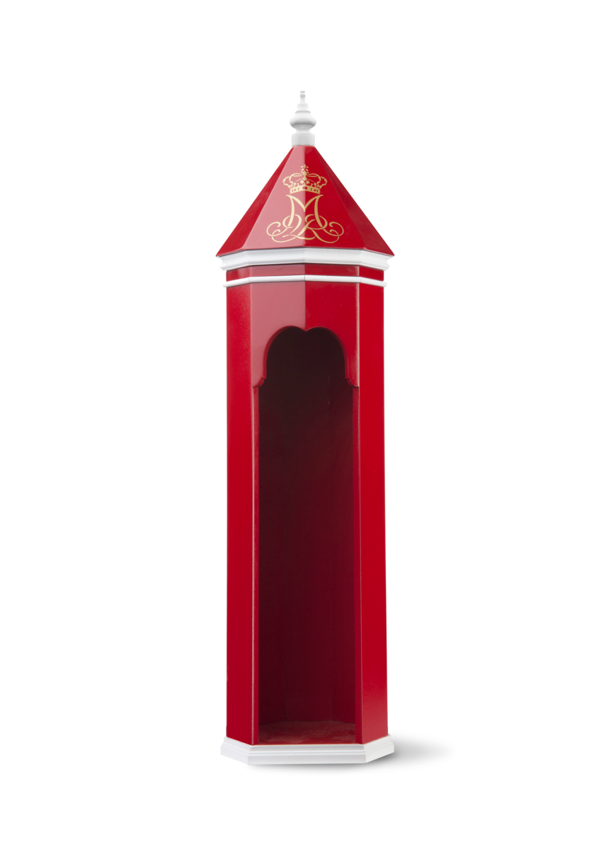Front view of Kay Bojesen Sentry Box in Red and White showcasing gold Royal Monogram with a black background