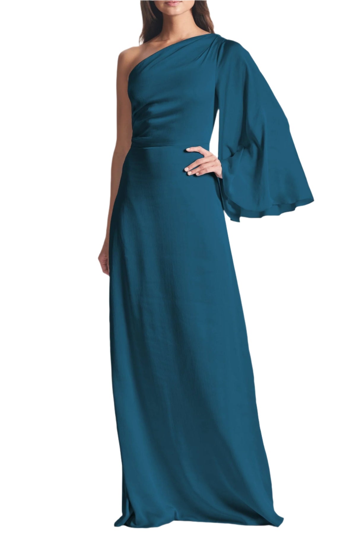 Front view of Keely Gown in Bottle Green showcasing one shoulder and a long sleeve with white background