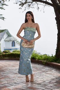 The Kennedy Dress in Slate Blue Cheverny Brocade