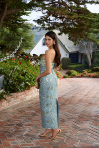 The Kennedy Dress in Slate Blue Cheverny Brocade