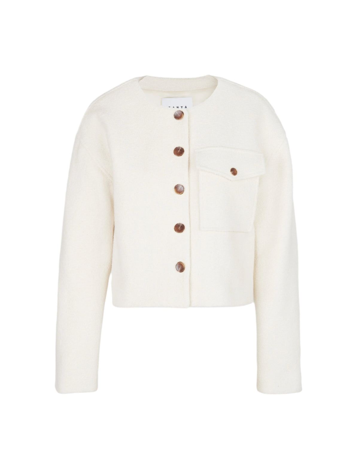 Front view of Kento Jacket in Cream showcasing tortoise and gold faux button snaps, front and side pockets, on a white background