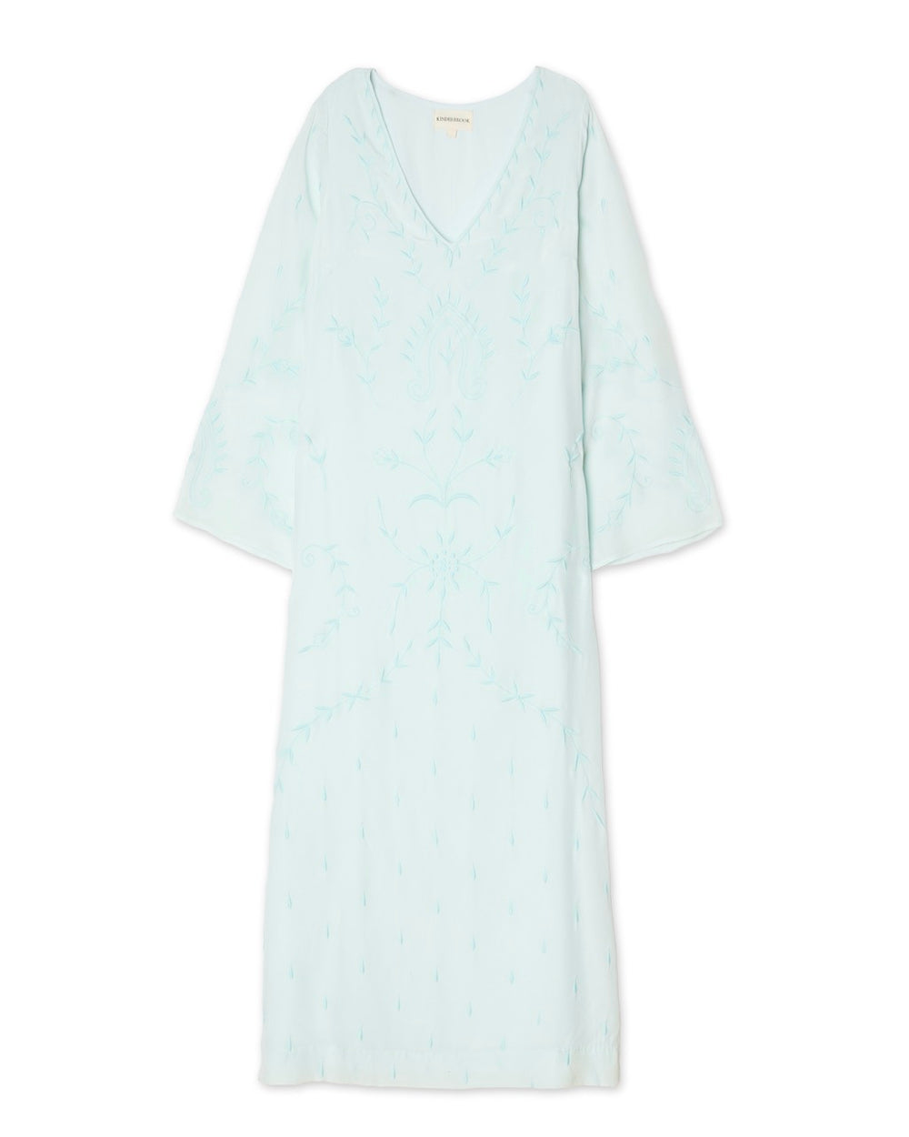 Front flat lay of the Olympia Caftan showcasing a V-neckline, sheer bell sleeves, and all-over embroidery on a white background