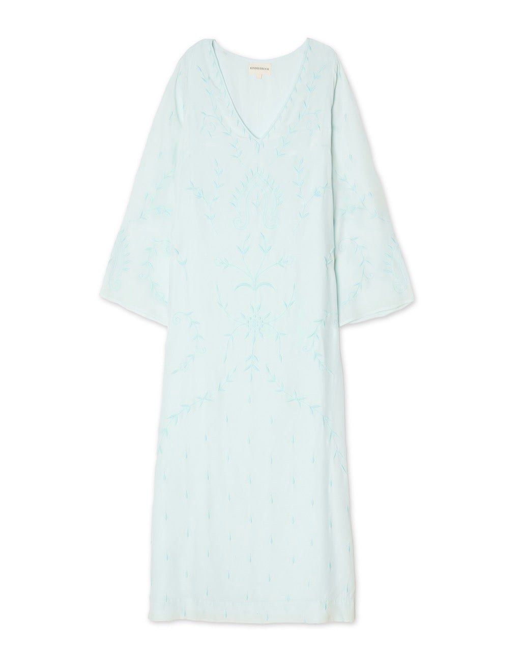 Front flat lay of the Olympia Caftan showcasing a V-neckline, sheer bell sleeves, and all-over embroidery on a white background