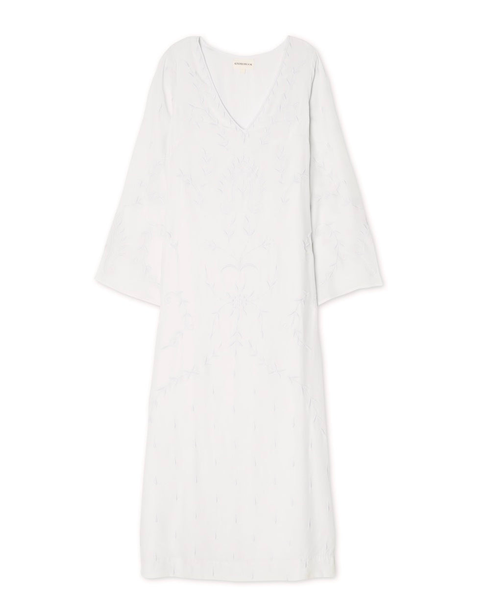 Front view of Olympia caftan showcasing V neck, sheer bell sleeves and tonal embroidery on white background
