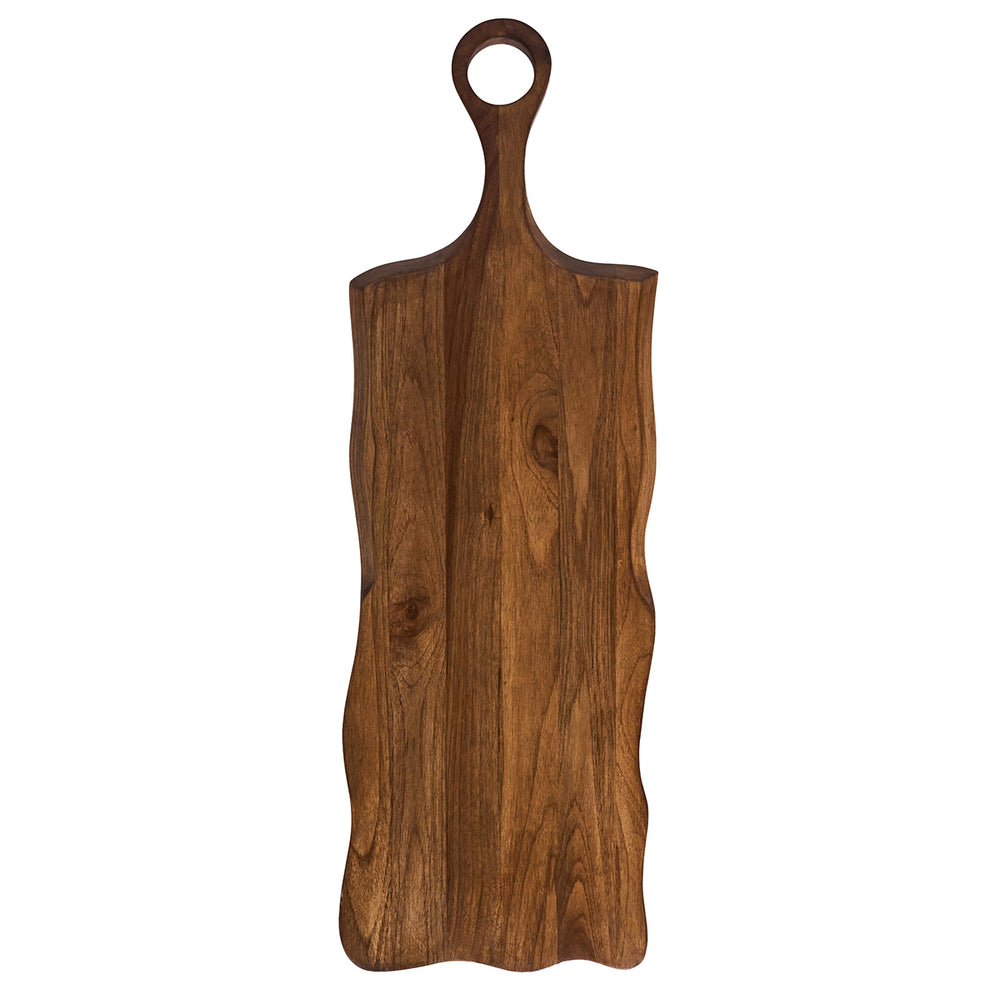 Top view of Puro long serving board in teak showcasing wavy sides and round handle on white background