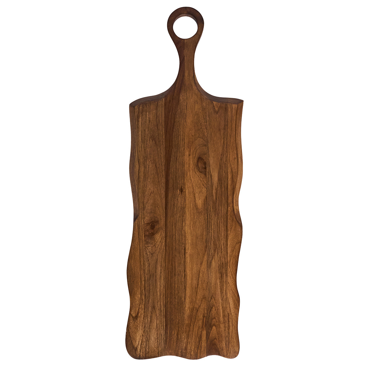 Top view of Puro long serving board in teak showcasing wavy sides and round handle on white background