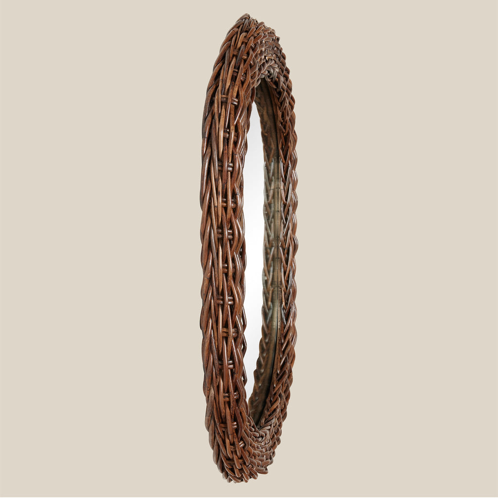 side view of brown rattan mirror