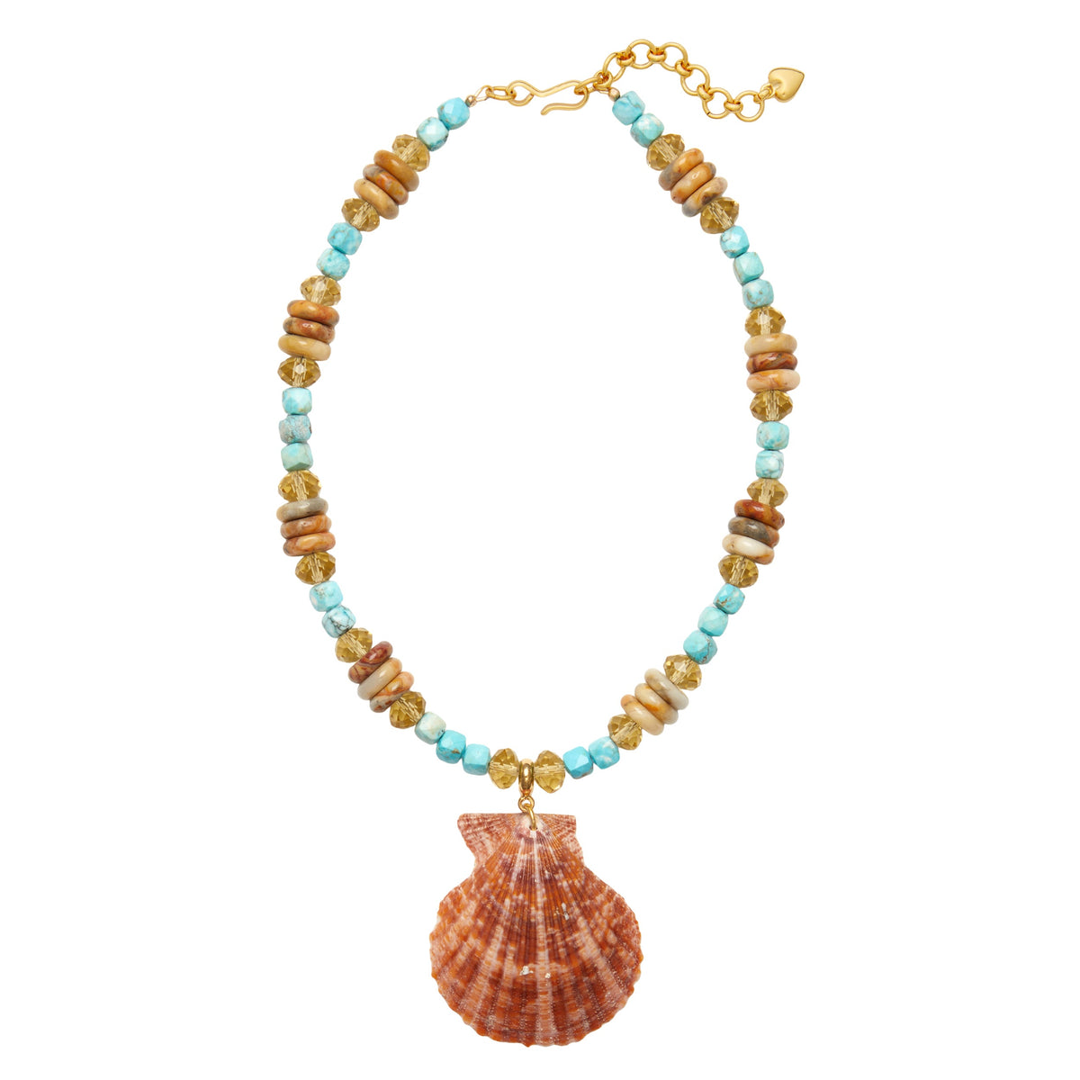 Front view of Kai Necklace showcasing turquoise and amber beads and a dangling orange scallop shell pendant on white background