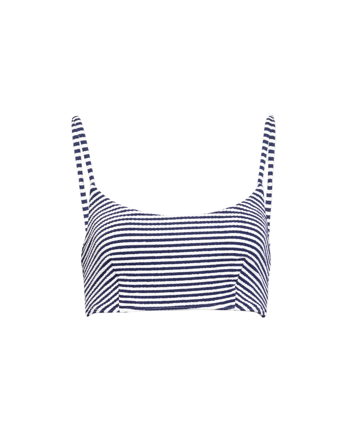 Front view of Seamless Kaia Bikini Top showcasing textured Maritime Blue and Cream Multi stripes with a white background