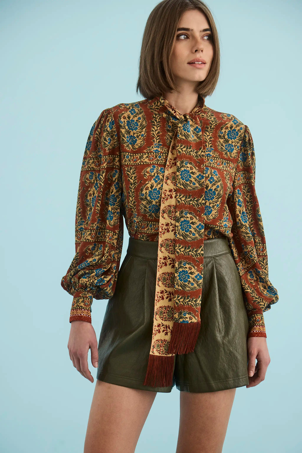 The Ashton Short in Pine Grove paired with Karis Blouse in Amber Glen Brown. 