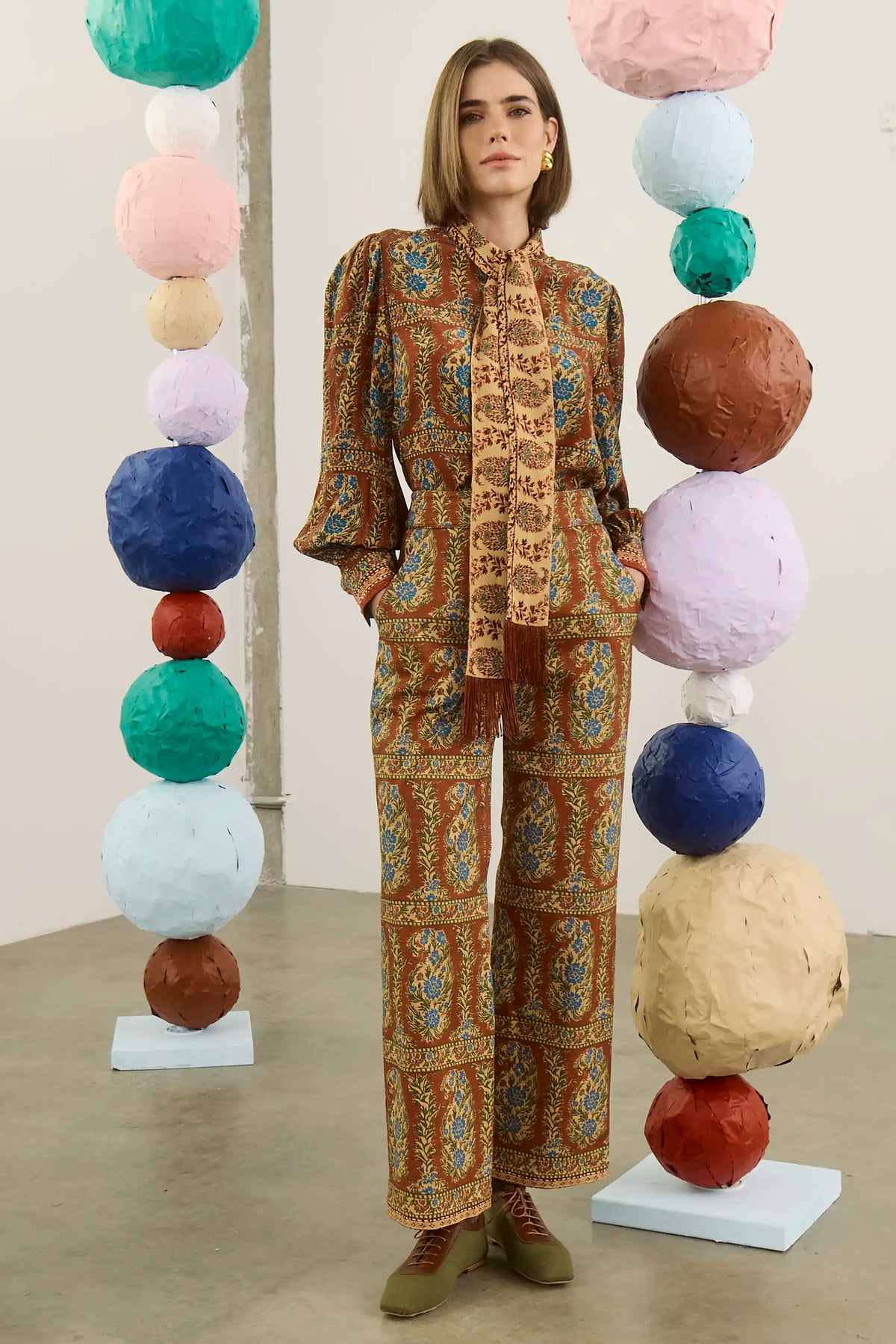 The Juno Pant in Amber Glen Brown paired with matching Karis Blouse. 