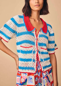The Kate crochet Top has a contrast collar neckline, scalloped edges and colorful novelty buttons.