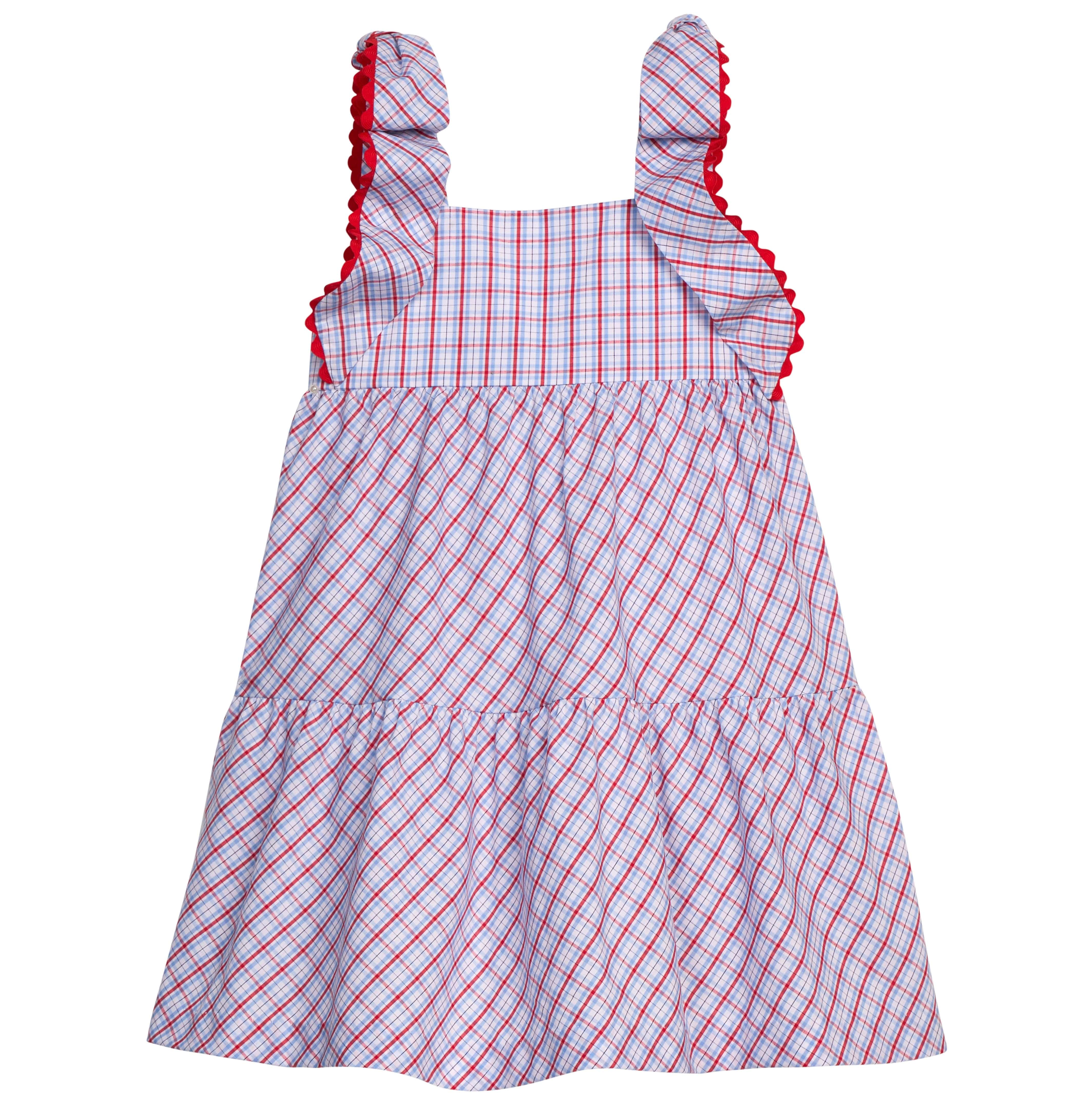 Little English traditional children's clothing. Patriotic red and blue plaid dress for girls with flutter sleeves with ricrac trim. 4th of July outfit for girls.