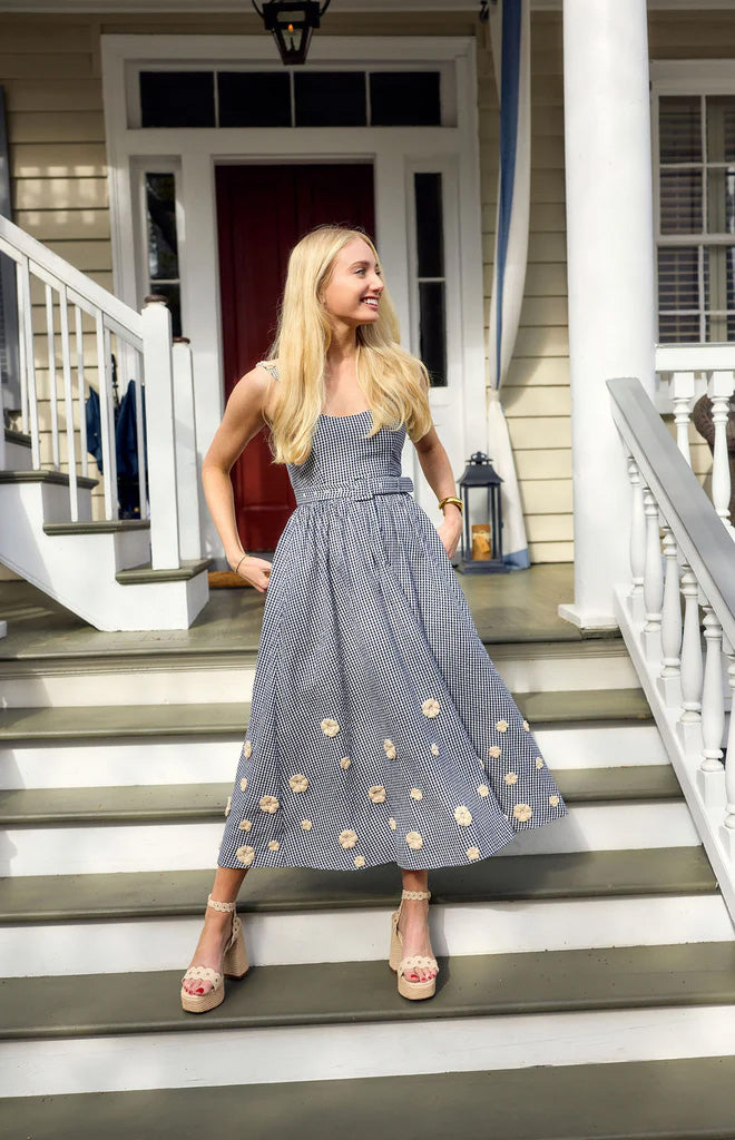 Katherine Dress in Navy Gingham with Cream Crochet Applique