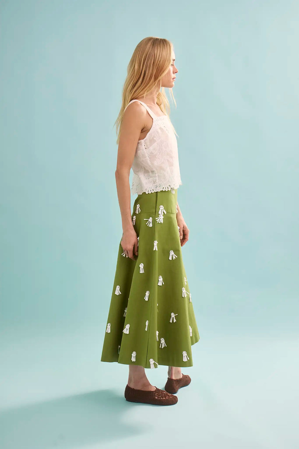 The Kelsey Top paired with Ida Skirt in Palm Sand Dollars. 