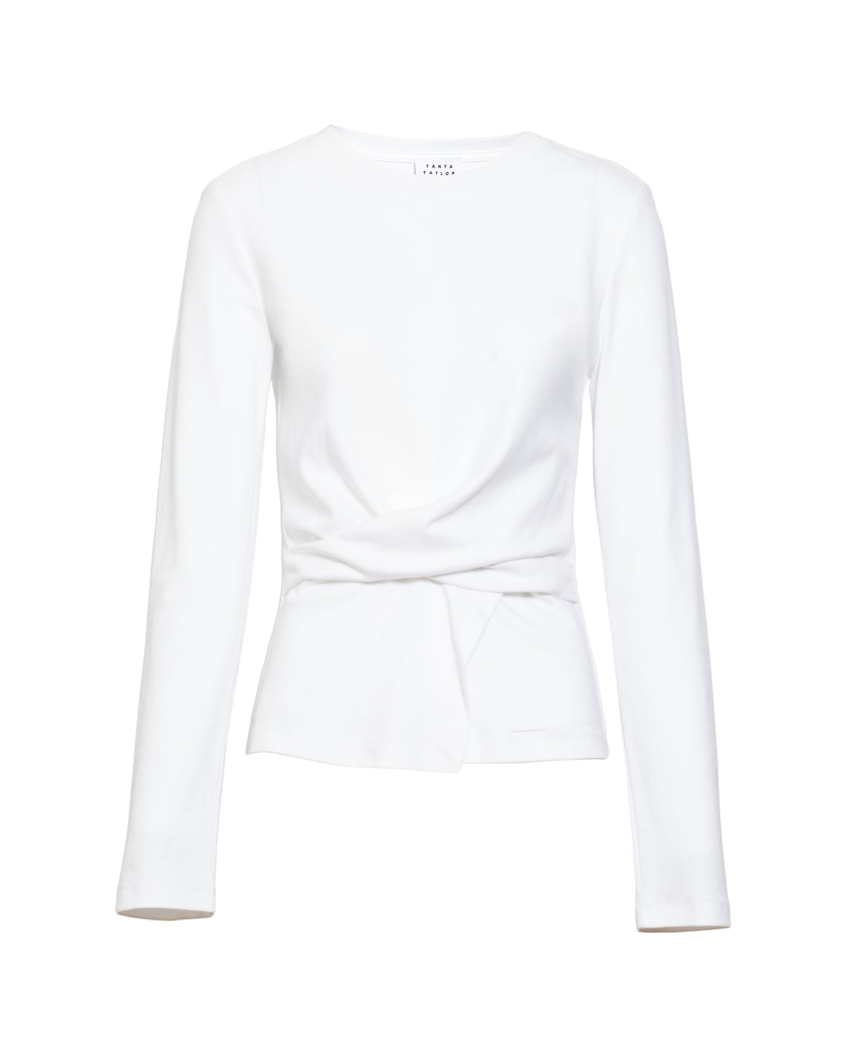 Front view of Long Sleeve Kelsey Top in Optic White showcasing crew neckline, long sleeves, and twist waist detail on white background