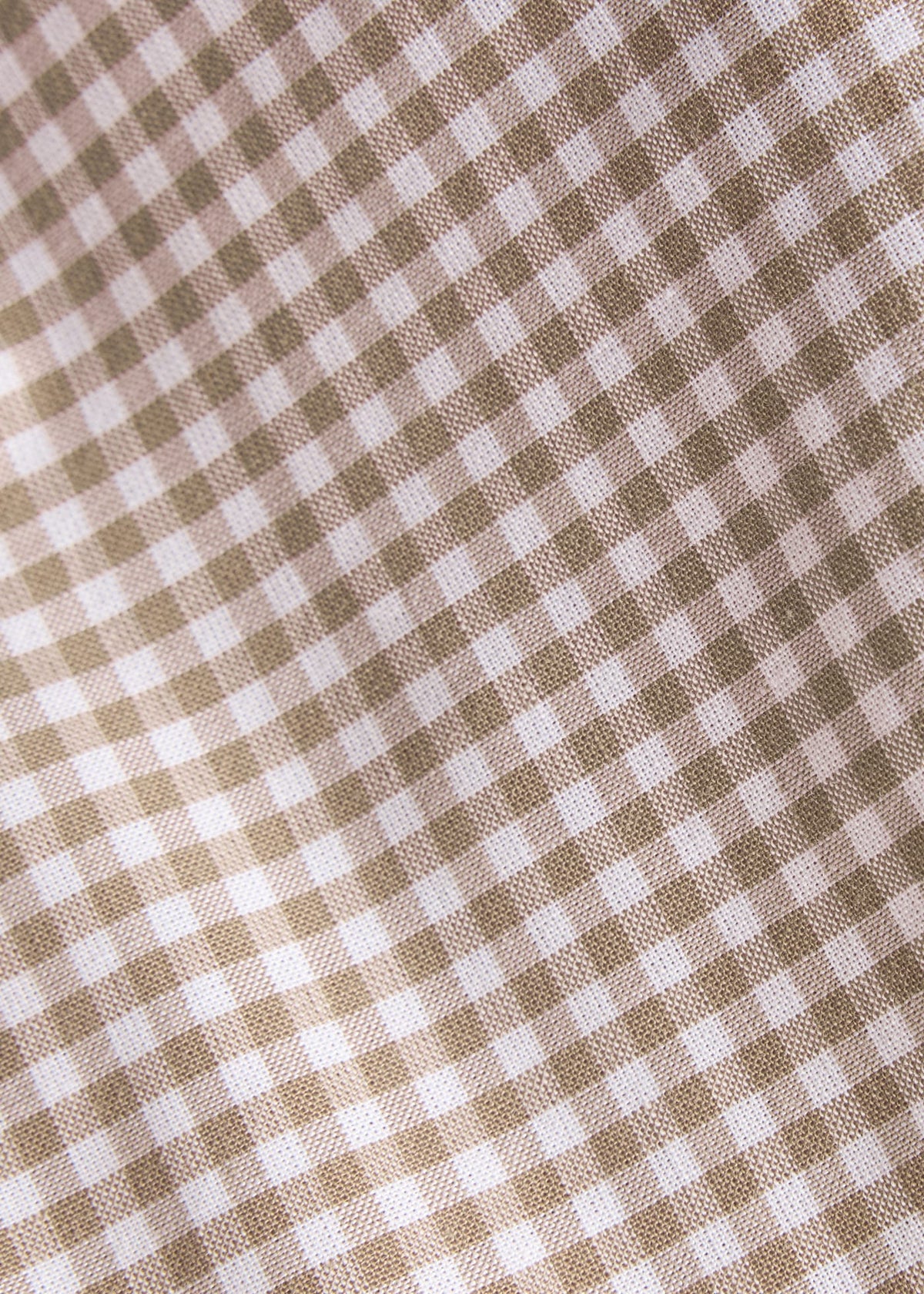 Little English traditional children's clothing. Tan and white Khaki Gingham fabric swatch