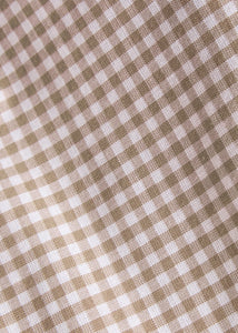 Little English traditional children's clothing. Tan and white Khaki Gingham fabric swatch