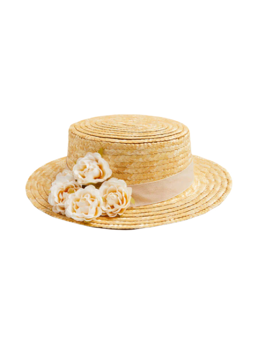 Faux Flower Straw Boater Hat With Ivory Flower (S-M) Hair Accessories  from Pepa London