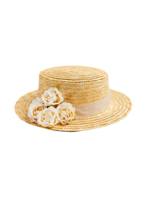 Faux Flower Straw Boater Hat With Ivory Flower (S-M) Hair Accessories  from Pepa London