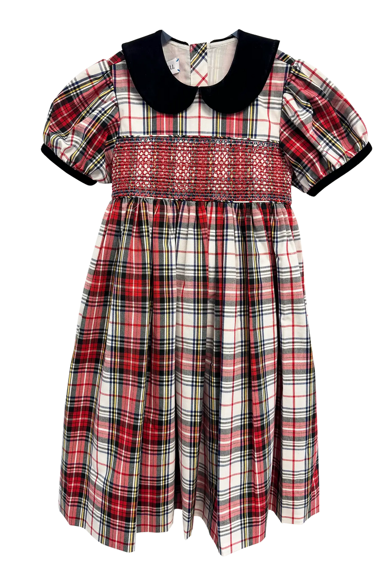 The Joy Kids Dress has a black velvet Peter Pan collar, smocked bodice, and puff short sleeves.