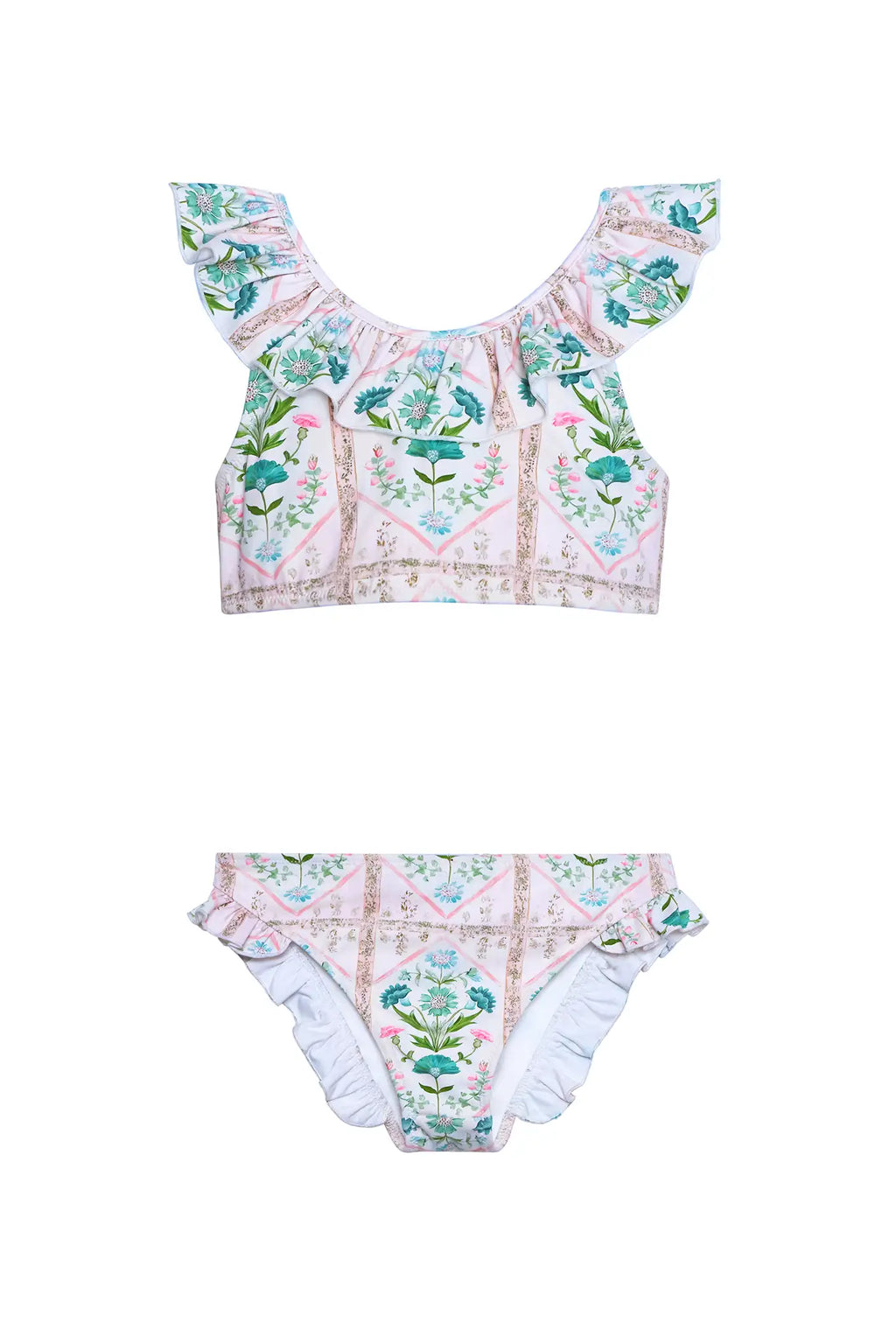 The Kids Two-Piece Swimset in Pink Trellis.