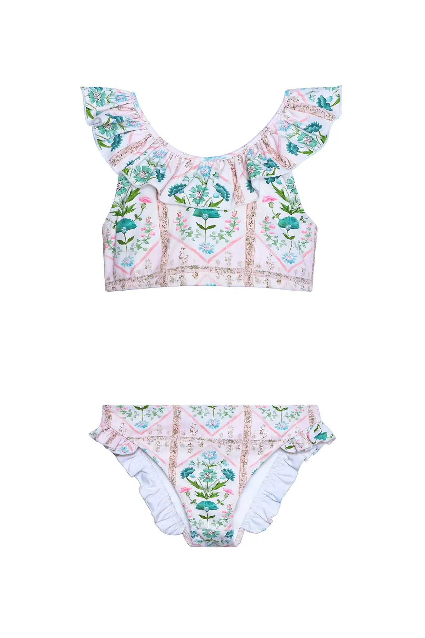 The Kids Two-Piece Swimset in Pink Trellis.