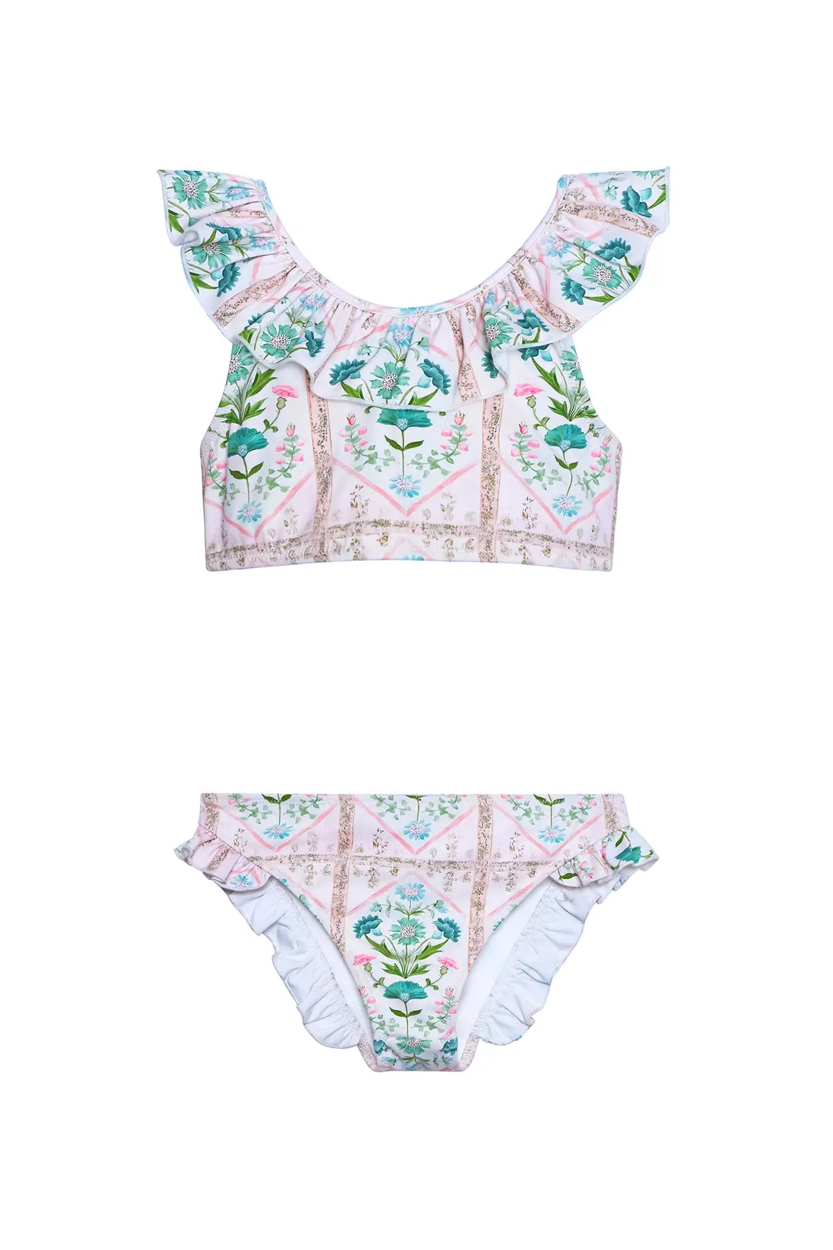 The Kids Two-Piece Swimset in Pink Trellis.