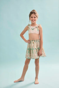 The Kids Two-Piece Swimset in Pink Trellis paired with matching Rosie Skirt.