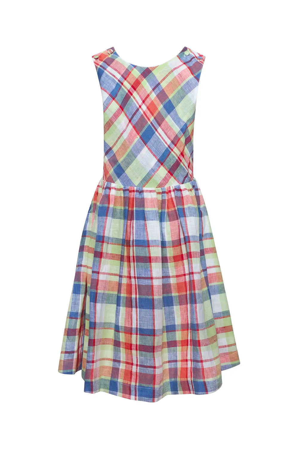 Front view of Kids June Dress in Harbor Club Madras showcasing its sleeveless fit-and-flare shape and colorful plaid pattern on white