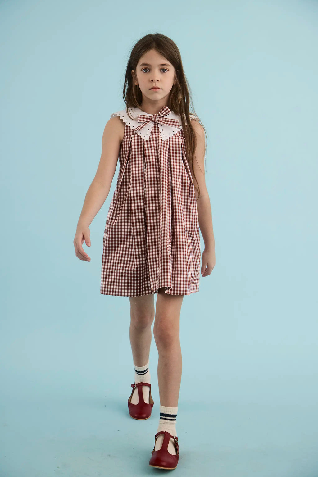 The Kids Marianne Dress in Cotswold Check Rust. 