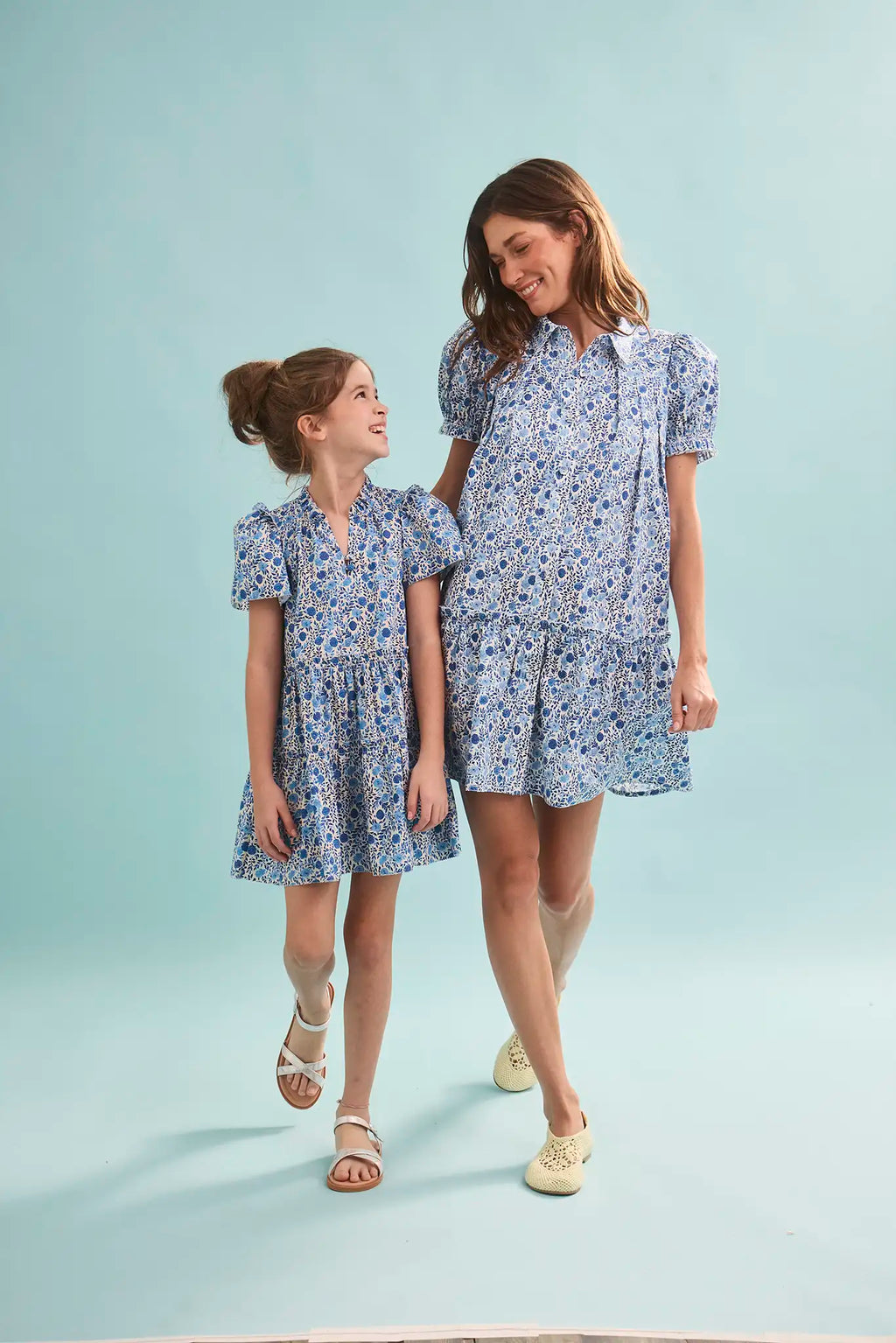 The Drifter Mini Dress in Bermuda Blooms with matching kids Merritt Dress. 