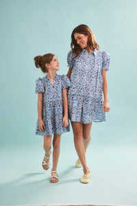 The Drifter Mini Dress in Bermuda Blooms with matching kids Merritt Dress. 