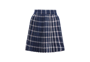 Front view of Kids Pattie Skirt in St Andrews Check showcasing pleated Italian checkered wool and fixed waistband on white background