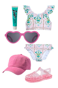 The Kids Two-Piece Swimset in Pink Trellis styled.