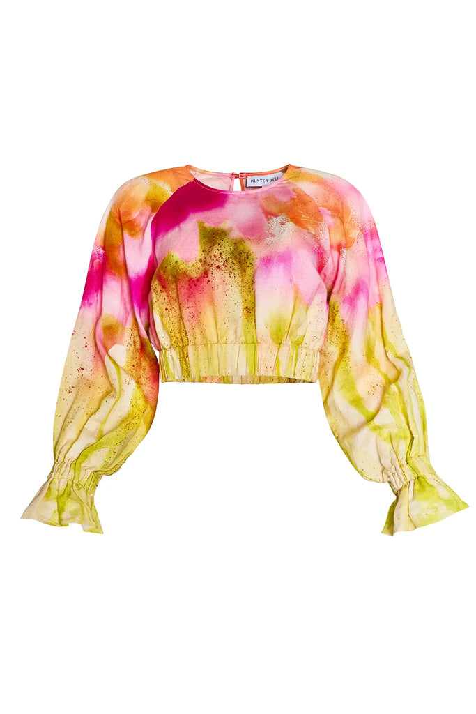 Cropped long sleeve top in yellow and pink tie-dye print with elastic at the sleeves