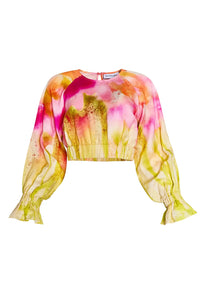 Cropped long sleeve top in yellow and pink tie-dye print with elastic at the sleeves