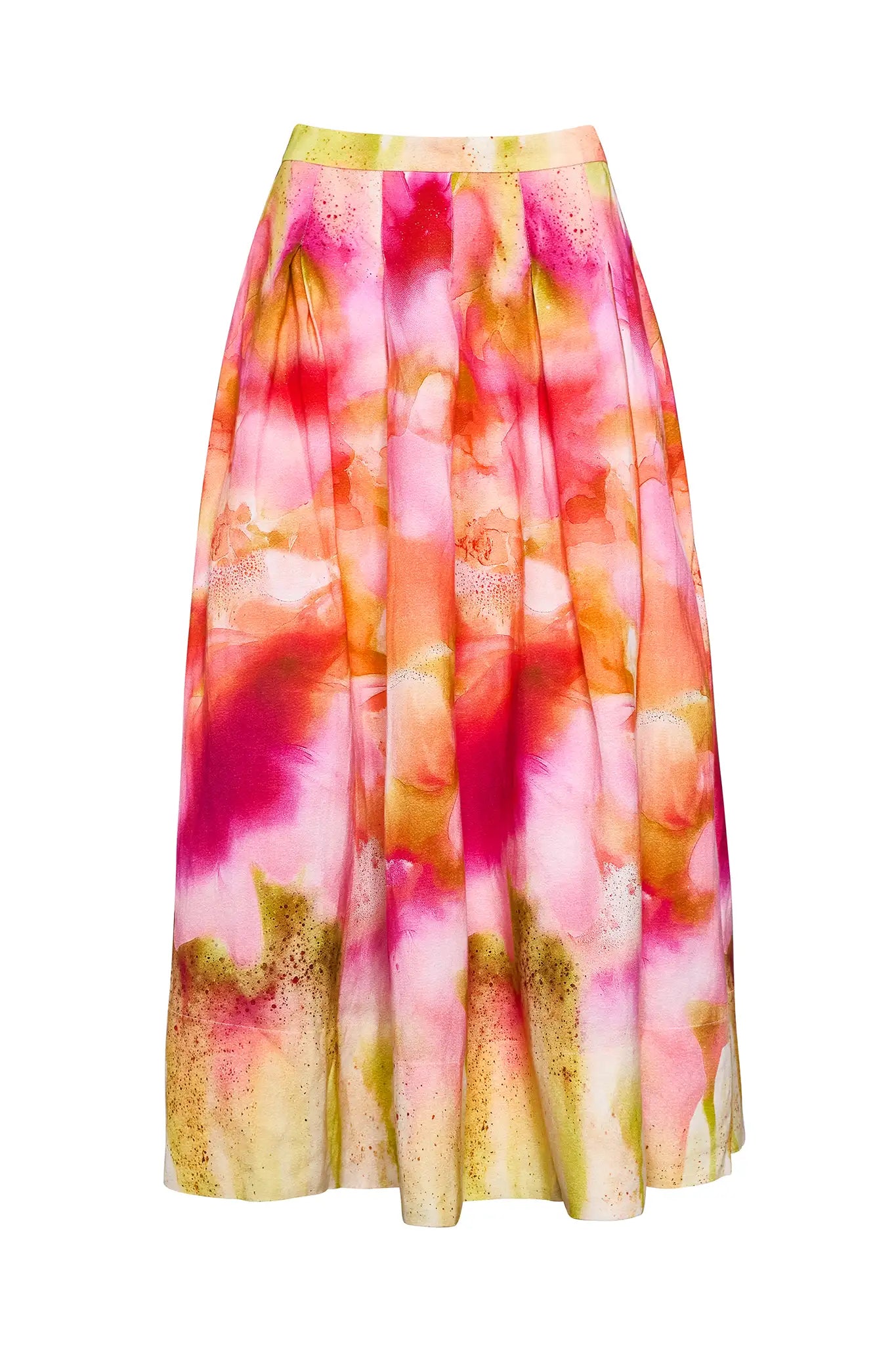 A pleated full skirt in a colorful print featuring pink, yellow, and orange
