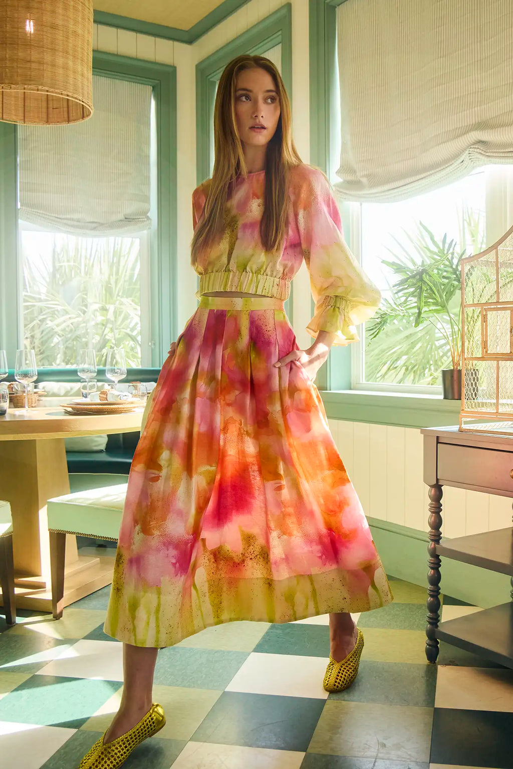 Cropped long sleeve top in yellow and pink tie-dye print with elastic at the sleeves
