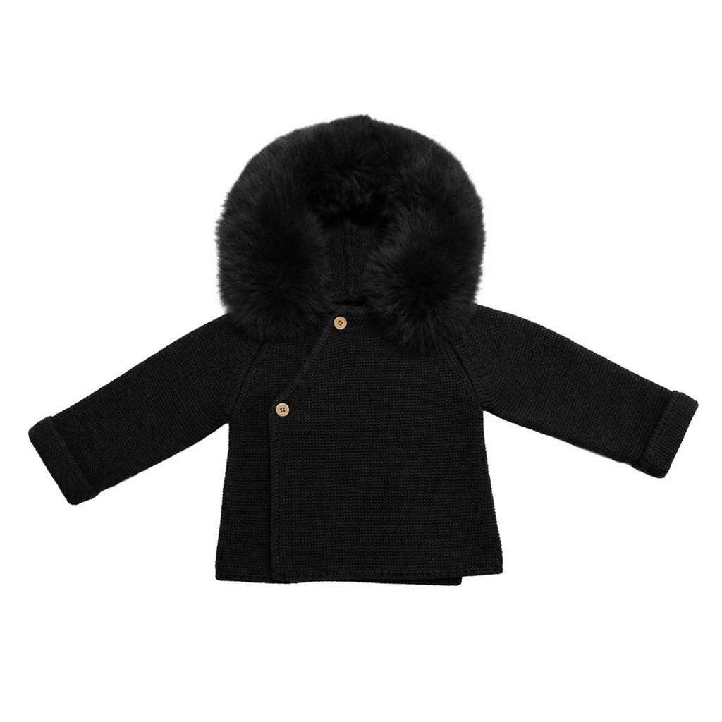 Knit Jacket with Removable Fur Hood in Black