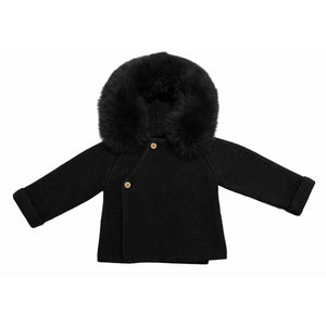 Knit Jacket with Removable Fur Hood in Black