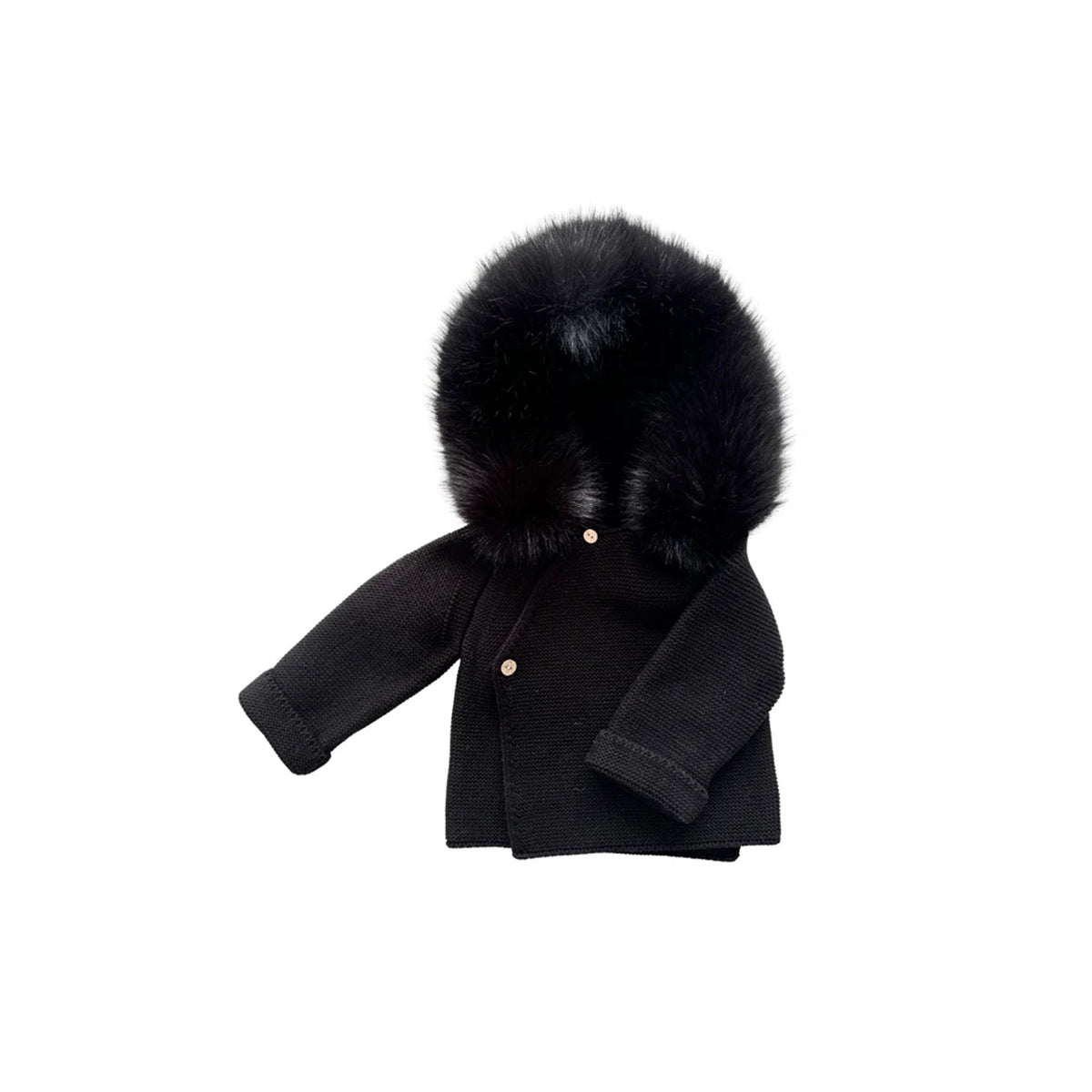Knit Jacket with Removable Fur Hood in Black