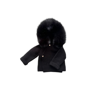 Knit Jacket with Removable Fur Hood in Black