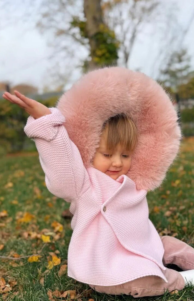 Knit Jacket with Removable Fur Hood in Pink